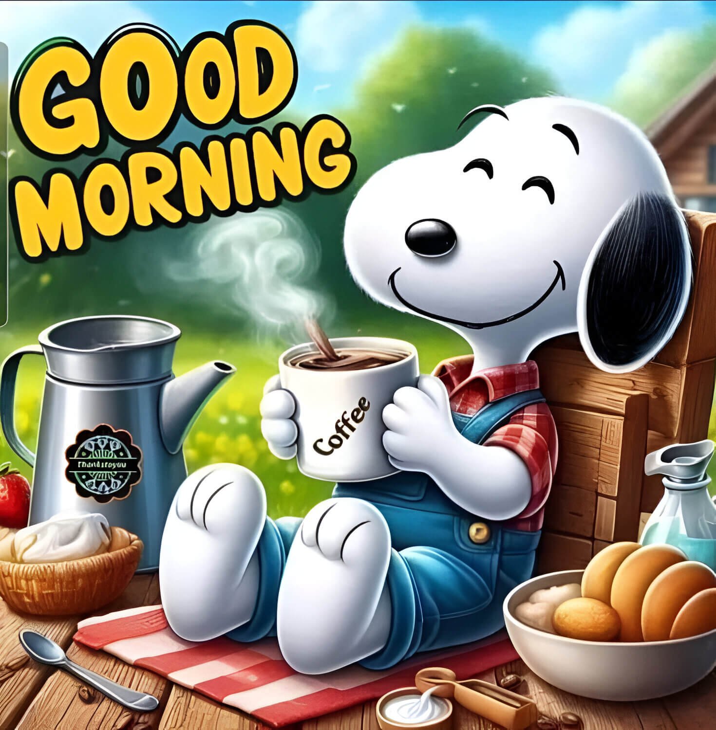 Good Morning Snoopy Drinking Coffee Photo