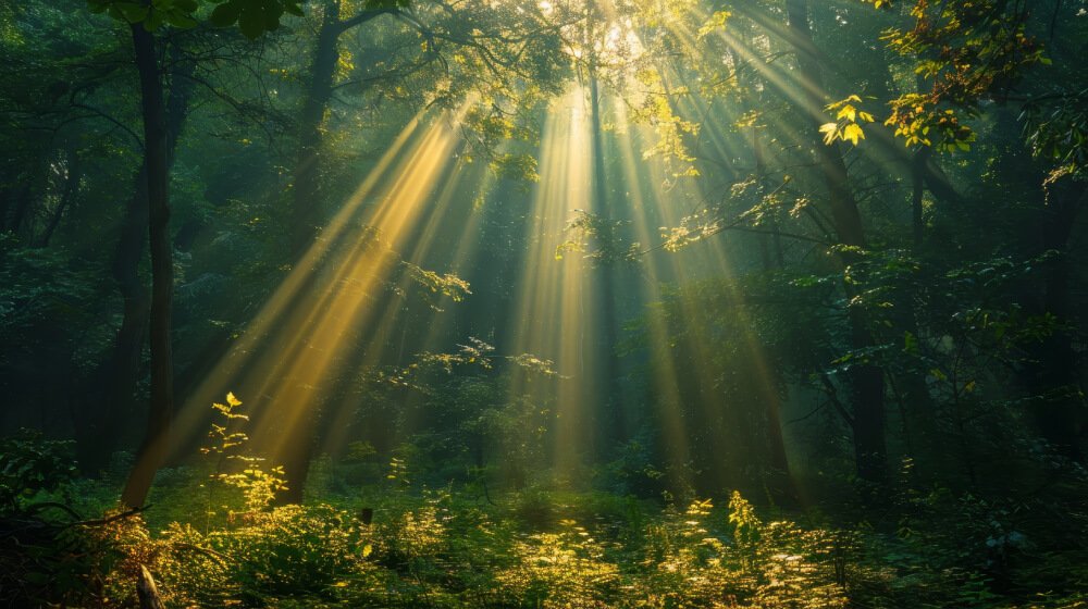 Morning Sunlight Through Trees Symbolises A Peaceful Start To The Day With Prayer.