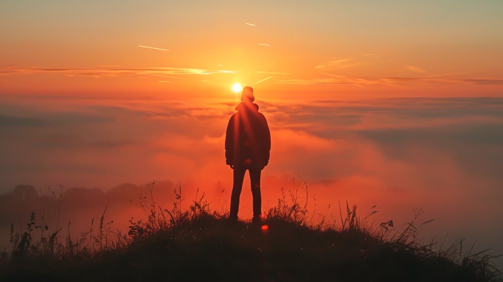 Silhouette Of A Person On A Mountain Peak Symbolising Strength From God.